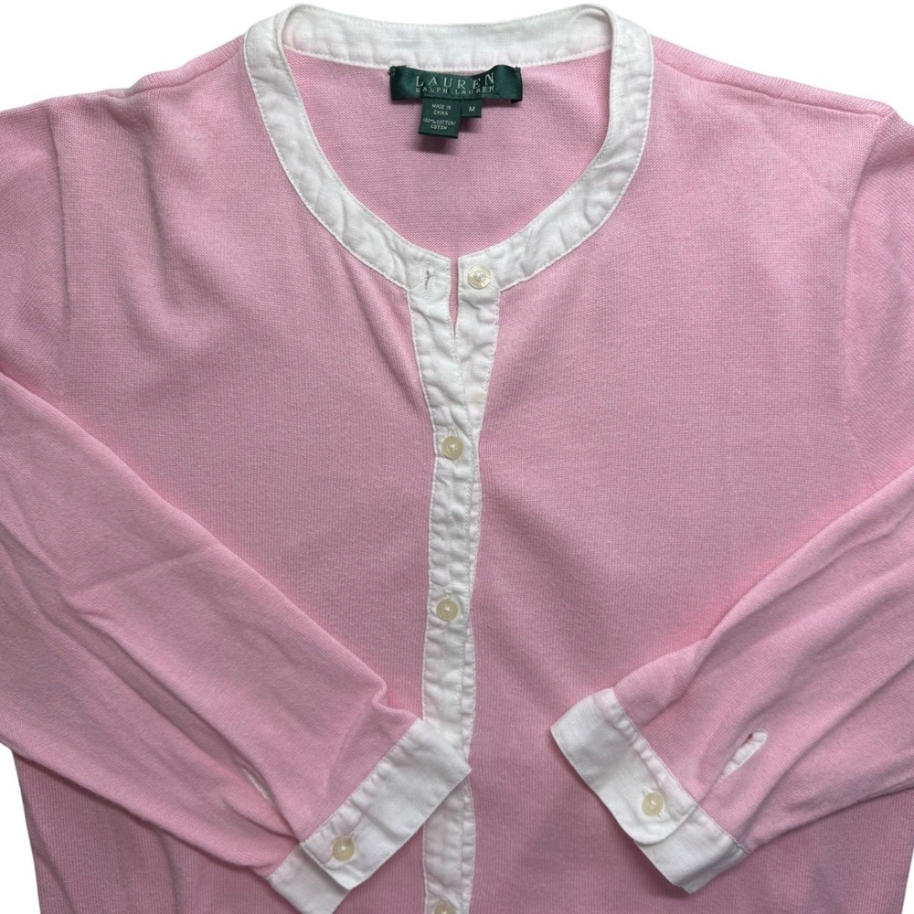 Ralph Lauren Womens Cardigan Medium 3/4 Sleeve‎ Pink White Sweater Buttondown